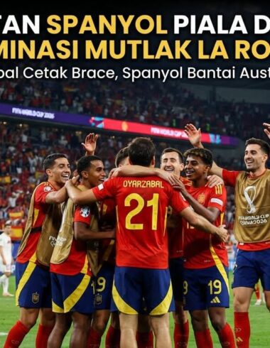 Para pemain Timnas Spanyol merayakan gol Mikel Oyarzabal ke gawang Austria di fase gugur Piala Dunia 2026.