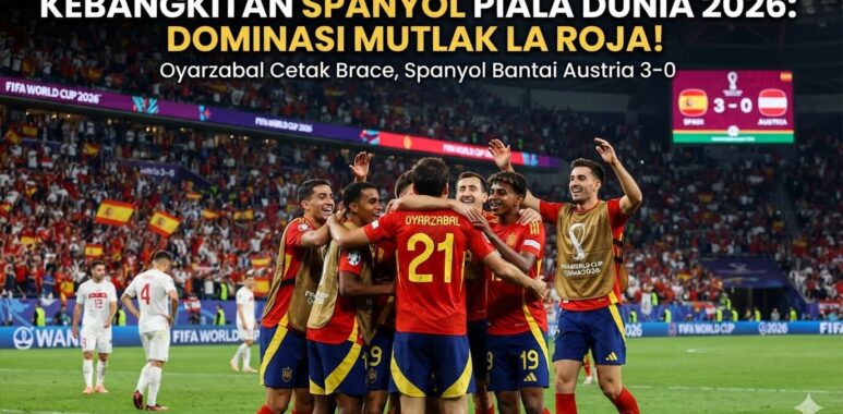 Para pemain Timnas Spanyol merayakan gol Mikel Oyarzabal ke gawang Austria di fase gugur Piala Dunia 2026.