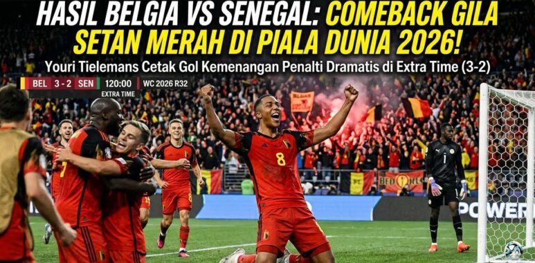 Ekspresi kegembiraan Youri Tielemans setelah mencetak gol kemenangan penalti untuk Belgia atas Senegal di Piala Dunia 2026